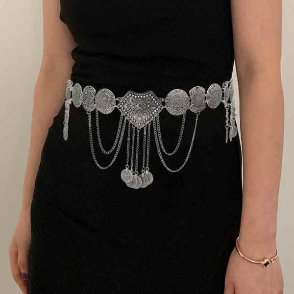 N-7735 Women Fashion Vintage Silver Hollow Flower Crystal Coin Tassel Belly Dance Waist Chains Party Jewelry