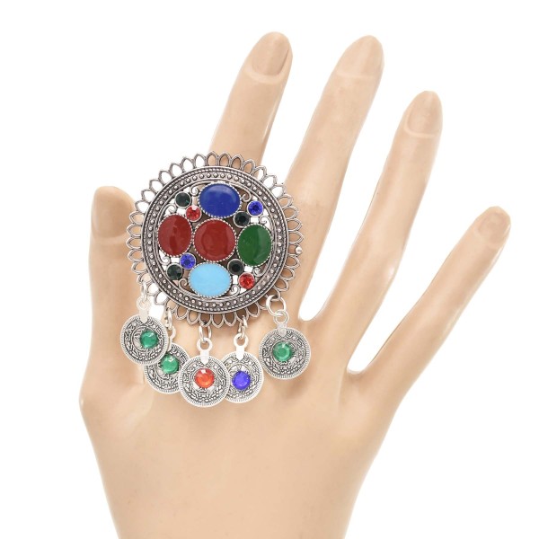 R-1566 Vintage Silver Color Metal Crystal Enamel Coin Tassel Midi Finger Rings for Women Boho Adjustable Party Jewelry Gift