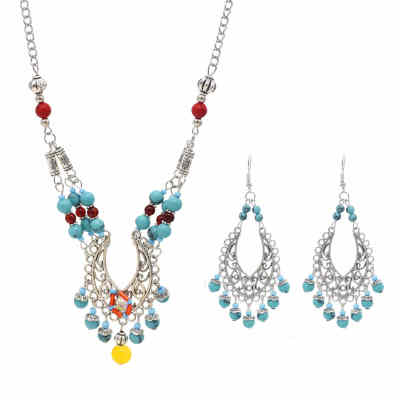 F-0976 E-6423 Boho Vintage Necklaces Delicate Pattern Beads Earrings and Forehead Pendants Chains Women Girls Ethnic Gifts