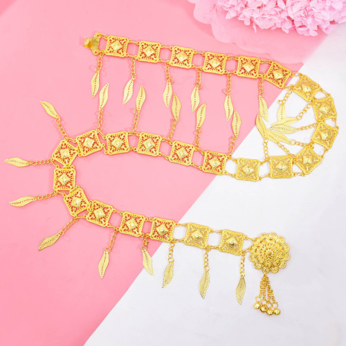 N-7740 Square Gold Metal Flower Belt Belly Dance Waist Belt Chains for Women Indian Thailand Party Body Jewelry