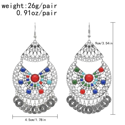 E-6424 Vintage Metal Acrylic Rhinestones Coin Tassel Drop Dangle Earrings for Women Boho Gypsy Party Jewelry