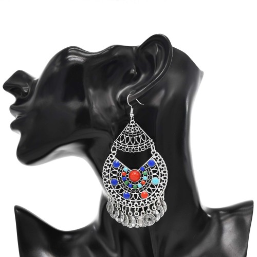 E-6424 Vintage Metal Acrylic Rhinestones Coin Tassel Drop Dangle Earrings for Women Boho Gypsy Party Jewelry