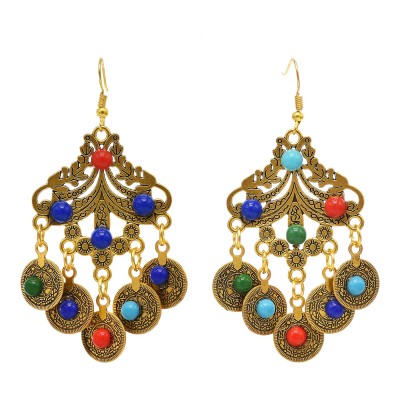 E-6426 Indian Vintage Gold Metal Colorful Acrylic Coin Tassel Drop Earrings for Women Festival Party Jewelry Gift