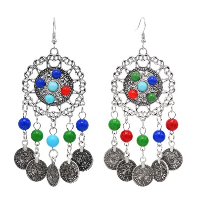 E-6425 Vintage Heavy Metal Acrylic Long Tassel With Coin Colorful Ball Drop Dangle Earrings for Women Boho Gypsy Party Jewelry