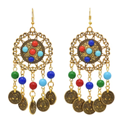 E-6425 Vintage Heavy Metal Acrylic Long Tassel With Coin Colorful Ball Drop Dangle Earrings for Women Boho Gypsy Party Jewelry