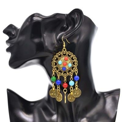 E-6425 Vintage Heavy Metal Acrylic Long Tassel With Coin Colorful Ball Drop Dangle Earrings for Women Boho Gypsy Party Jewelry