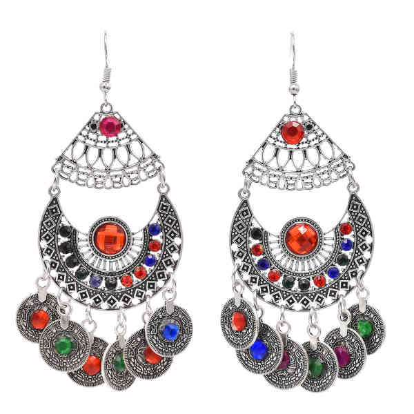 E-6427 Women Boho Fashion Vintage Gold Silver Long Tassel With Coin Colorful Ball Drop Dangle Earrings Party Jewelry