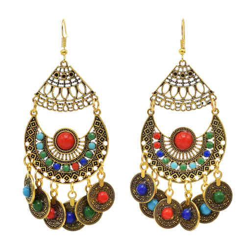 E-6427 Women Boho Fashion Vintage Gold Silver Long Tassel With Coin Colorful Ball Drop Dangle Earrings Party Jewelry