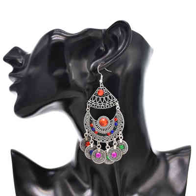 E-6427 Women Boho Fashion Vintage Gold Silver Long Tassel With Coin Colorful Ball Drop Dangle Earrings Party Jewelry