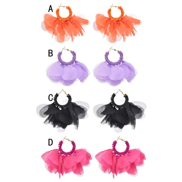 E-6429 Women Big Petal Large Beaded Earrings Big Flowers Hoop Earrings with Chiffon Floral Tassel for Vacation Wedding