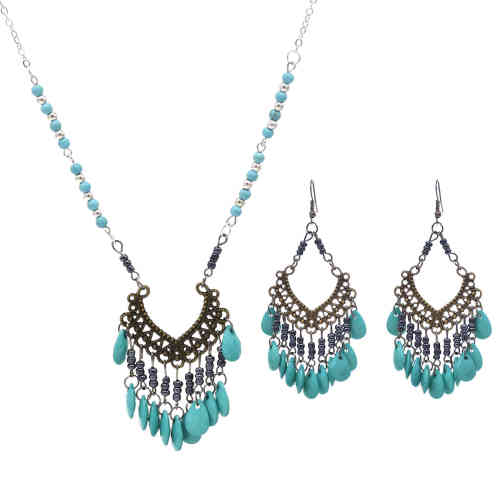 E-6438 Women Girls Fashion Boho Vintage Delicate Pattern Beads Earrings and Forehead Pendants Chains Set  Ethnic Gifts
