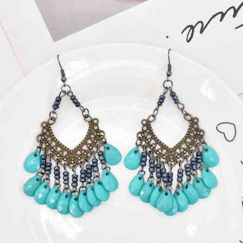E-6438 Women Girls Fashion Boho Vintage Delicate Pattern Beads Earrings and Forehead Pendants Chains Set  Ethnic Gifts