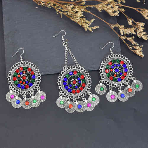 N-7747 Bohemian Vintage Metal Colorful Crystal Coin Necklaces Earrings Hair Clips Sets Festival Dance Party Jewelry sets