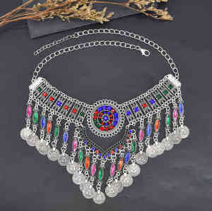 N-7747 Bohemian Vintage Metal Colorful Crystal Coin Necklaces Earrings Hair Clips Sets Festival Dance Party Jewelry sets