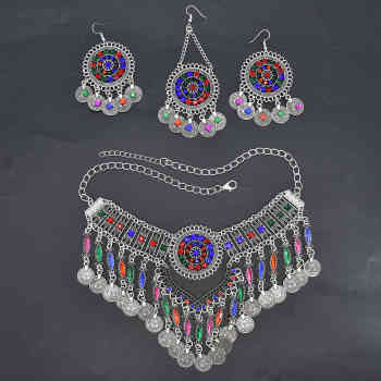 N-7747 Bohemian Vintage Metal Colorful Crystal Coin Necklaces Earrings Hair Clips Sets Festival Dance Party Jewelry sets