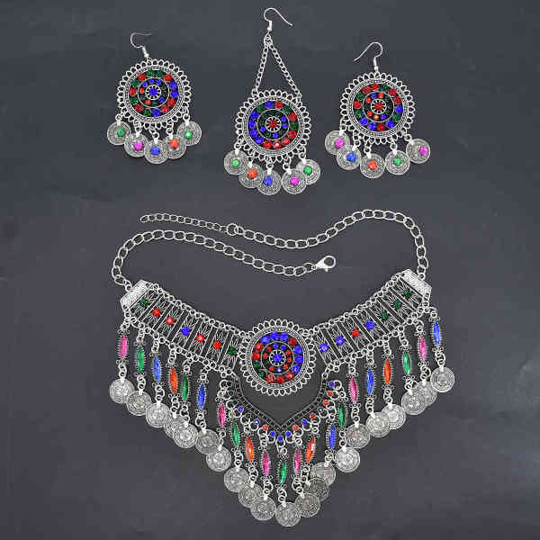N-7747 Bohemian Vintage Metal Colorful Crystal Coin Necklaces Earrings Hair Clips Sets Festival Dance Party Jewelry sets