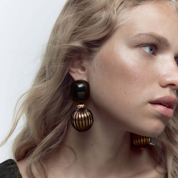 E-6444 Fashion Vintage Black Stone Gold Ball Drop Earrings for Women Boho Holiday Party Jewelry Gift