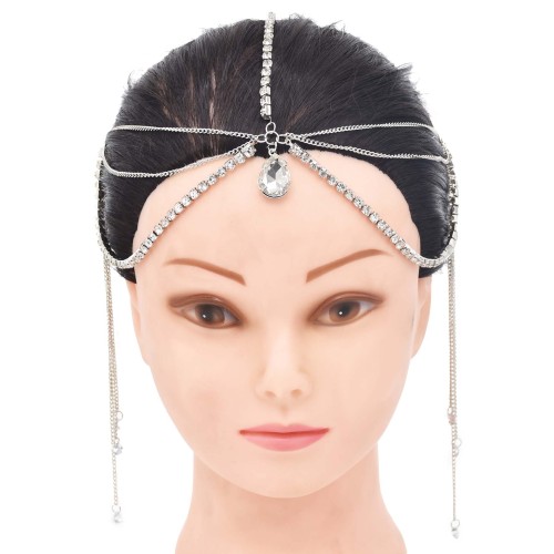 F-0986 Bridal Water Drop Crystal Long Tassel Forehead Head Chains Headbands for Women Wedding Party Hair Accessories