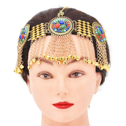 F-0988 Chinese Tibetan Style Vintage Gold Metal Acrylic Coin Tassel Head Chains Headdress Women Boho Dance Party Hair Accessories