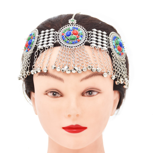 F-0988 Chinese Tibetan Style Vintage Gold Metal Acrylic Coin Tassel Head Chains Headdress Women Boho Dance Party Hair Accessories