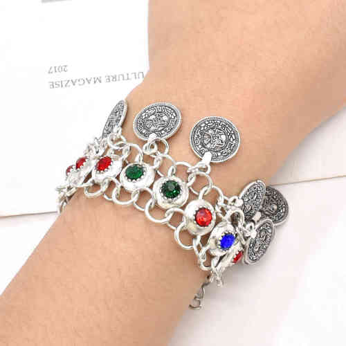 B-1210 Vintage Bohemian Gypsy Silver Coin Pendant Bracelet Diamond Bracelet For Women Party Punk Jewelry