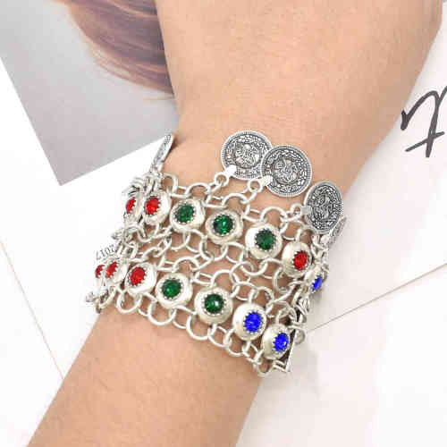 B-1210 Vintage Bohemian Gypsy Silver Coin Pendant Bracelet Diamond Bracelet For Women Party Punk Jewelry