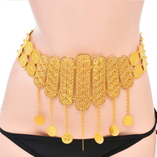 N-7753 Indian Thailand Big Wide Gold Metal Coin Tassel Belly Dance Dress Belt Body Chains Party Jewelry