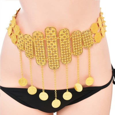 N-7753 Indian Thailand Big Wide Gold Metal Coin Tassel Belly Dance Dress Belt Body Chains Party Jewelry