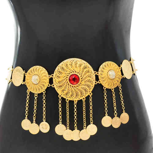 N-7754 Boho Egyptian Crystal Ruby Waist Belly Chains Long Tassel Coins Dancing Beach Belt Statement Body  India Ethnic Jewelry