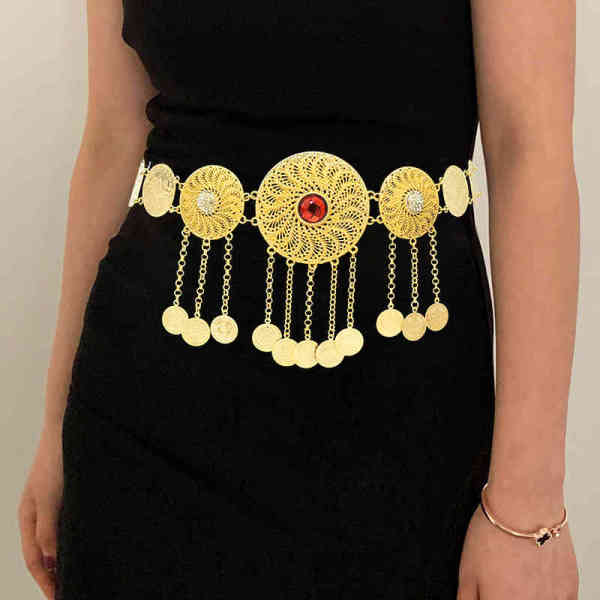 N-7754 Boho Egyptian Crystal Ruby Waist Belly Chains Long Tassel Coins Dancing Beach Belt Statement Body India Ethnic Jewelry