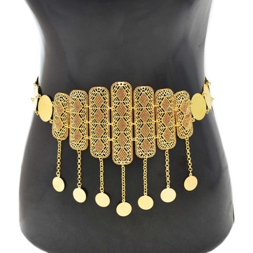 N-7760 Indian Coin Tassel Big Wide Geometric Crystal Gold Metal Belly Dance Waist Chains for Women Party Jewelry Gift