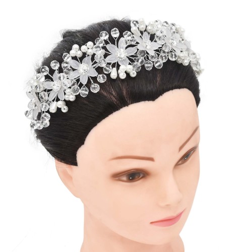 F-0994 Handmade Silver Wired Pearl Crystal Flower Leaf Headbands Headdress for Bridal Wedding Hair Accessories