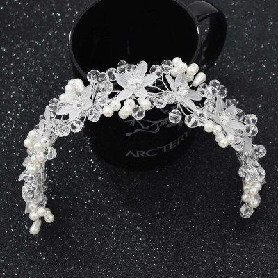 F-0994 Handmade Silver Wired Pearl Crystal Flower Leaf Headbands Headdress for Bridal Wedding Hair Accessories