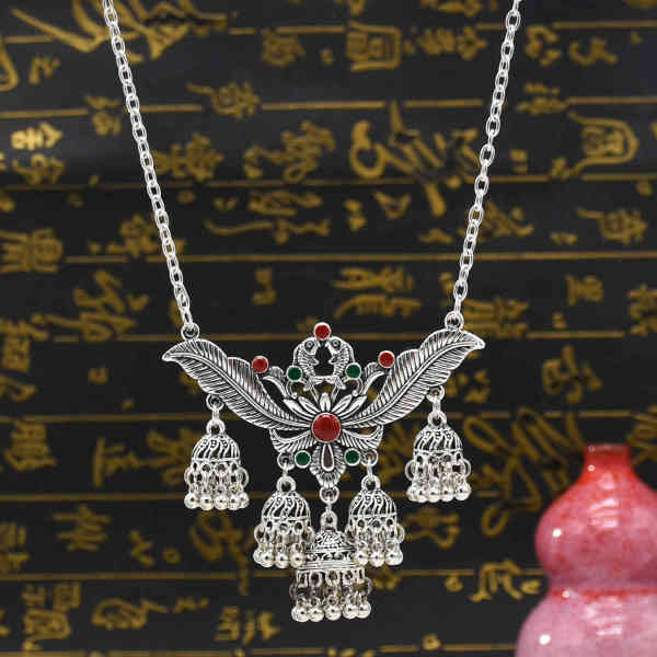 N-7765 Women Fashion Vintage Silver Geometric Bells Tassel Necklaces Gypsy Indian Jewelry