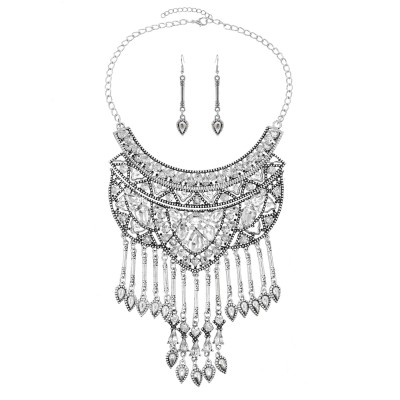 N-7773 Gypsy Vintage Metal Crystal Long Tassel Statement Necklaces Earrings Sets for Women Boho Party Jewelry Sets