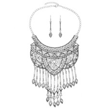 N-7773 Gypsy Vintage Metal Crystal Long Tassel Statement Necklaces Earrings Sets for Women Boho Party Jewelry Sets
