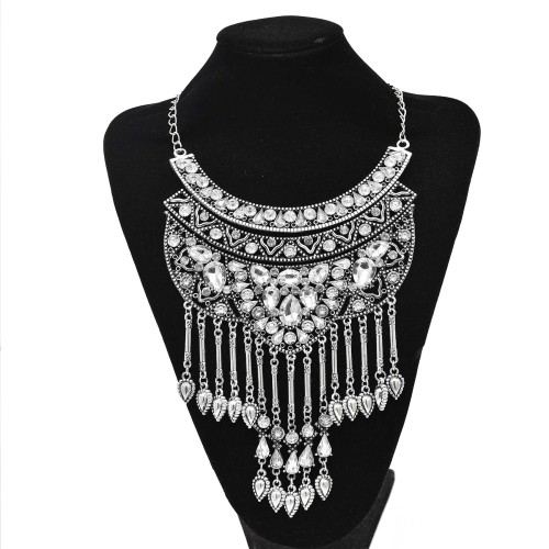 N-7773 Gypsy Vintage Metal Crystal Long Tassel Statement Necklaces Earrings Sets for Women Boho Party Jewelry Sets
