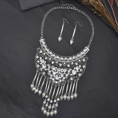 N-7773 Gypsy Vintage Metal Crystal Long Tassel Statement Necklaces Earrings Sets for Women Boho Party Jewelry Sets