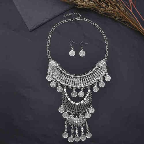 N-7774 Women Boho Vintage Silver Metal Crystal Long Tassel Coin Necklaces Earrings Sets Party Jewelry