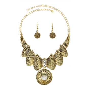 N-7779 Women Fashion Vintage gold silver metallic crystal pendant necklace Coin earring set Gypsy Indian party jewelry