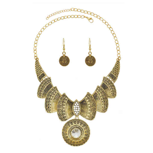 N-7779 Women Fashion Vintage gold silver metallic crystal pendant necklace Coin earring set Gypsy Indian party jewelry