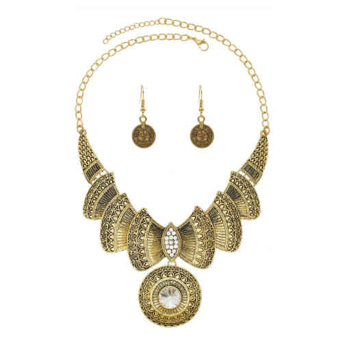 N-7779 Women Fashion Vintage gold silver metallic crystal pendant necklace Coin earring set Gypsy Indian party jewelry