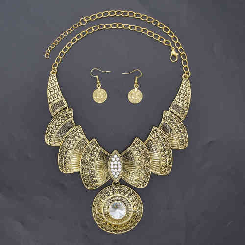 N-7779 Women Fashion Vintage gold silver metallic crystal pendant necklace Coin earring set Gypsy Indian party jewelry