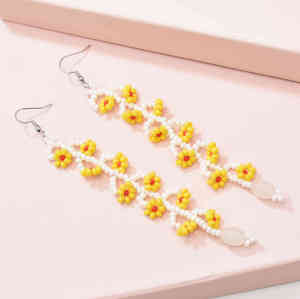 E-6463 Women Bohemian Resin Beads Flower Long Tassel Drop Earrings Ethnic Party Gift Jewelry
