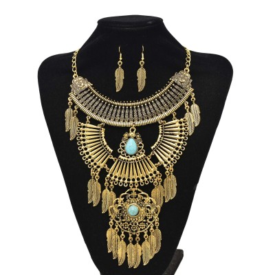 N-7783 Gypsy Vintage Big Geometric Leaf Tassel Stone Pendant Necklaces Earrings Sets for Women Tribal Party Jewelry Sets