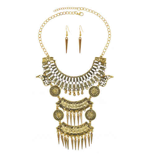 N-7785 Fashion Women Vintage gold silver crystal Tassel pendant necklace earring set Gypsy Indian party jewelry