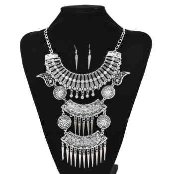 N-7785 Fashion Women Vintage gold silver crystal Tassel pendant necklace earring set Gypsy Indian party jewelry