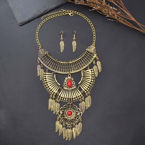 N-7783 Gypsy Vintage Big Geometric Leaf Tassel Stone Pendant Necklaces Earrings Sets for Women Tribal Party Jewelry Sets
