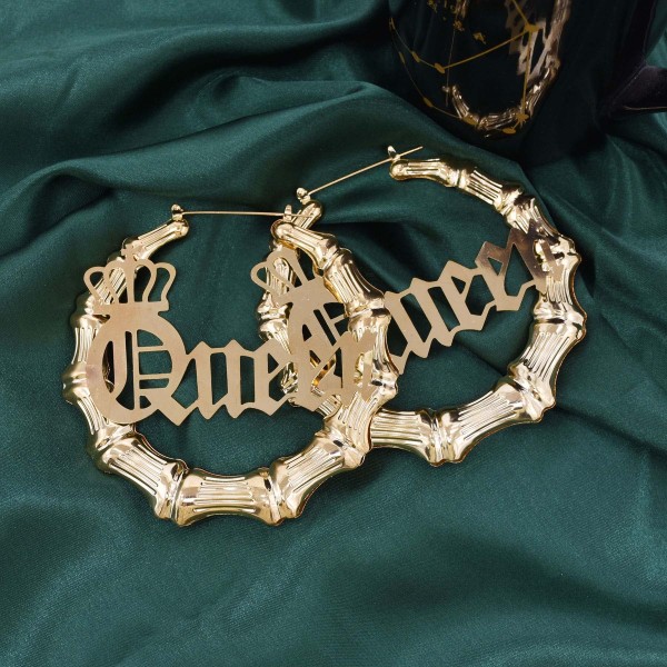 E-6468 European American Exaggerated Bamboo Queen Letter Crown Hoop Earrings for Women