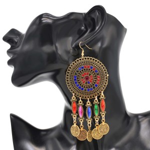 N-7792 3 PCS Necklaces Hairband Earrings Sets For Women Bohemian Colorful Rhinestones Vintage Coin Tassels Jewelry Sets